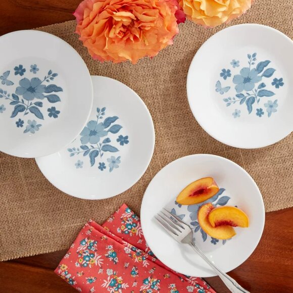 Pioneer Woman Corelle Evie Blue 4Pc Set Appetizer Plate Dessert Melamine White - Picture 7 of 8
